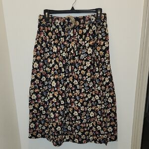 Vtg 90s Floral Rayon MidiSkirt  w/ Matching Ornate Crescent Moon Buckle Belt S/M